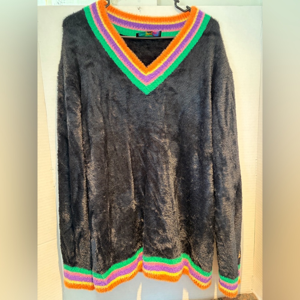 Teddy Fresh Black Sweater with Vibrant Striped V-Neck